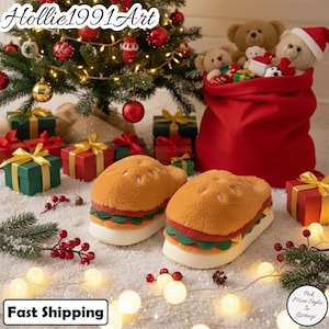 Cute Hamburger Plush Slippers, Warm Winter Indoor Shoes for Women, Fluffy Soft Platform House Slippers, Cozy Cartoon Home Footwear Gift