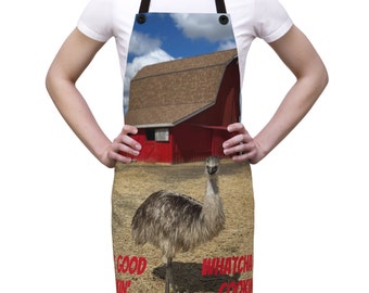 May include: A brown and gray emu stands in front of a red barn with a blue sky and white clouds. The text "Whatcha Cookin'" and "Good Day" is printed on the apron.