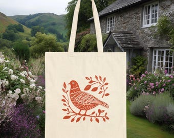 Pigeon linocut style canvas bag gift for granola girl. Bird nerd cottage core book bag. Nature core gift for birders. Boho tote bag gift.