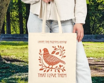 Pigeon linocut style canvas bag for granola girl gift. Bird nerd cottage core book bag. Nature core gift for birders. Boho tote bag gift.