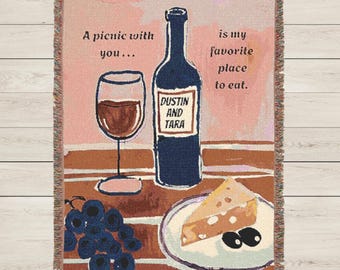 Personalized picnic blanket couple gift. Woven blanket for wedding gift. Custom throw blanket for anniversary. Cotton beach blanket.