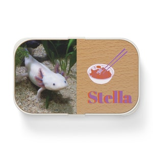 May include: A white axolotl with pink gills swims in a tank with green plants. The tank is part of a wooden lunchbox with a brown background. The other side of the lunchbox has a white bowl with red noodles and chopsticks, and the word "Stella" in purple and orange letters.