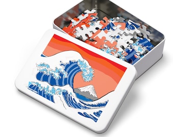 Artful Asian art colorful jigsaw puzzle of The Great Wave off Kanagawa by Hokusai Katsushika with Mt Fuji. (30, 110, 252, 500, 1000-Piece)
