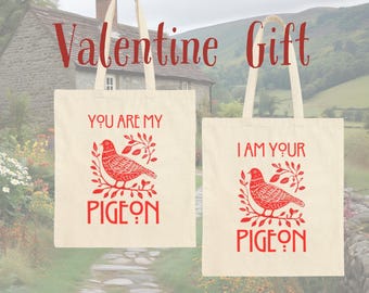 Pigeon linocut style canvas bag for granola girl gift. Valentine cottage core book bag. Nature core gift for birders. Boho tote bag gift.