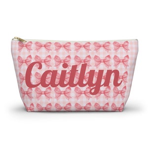 Personalized coquette makeup bag for bridesmaids, dance, cheer, theater, gymnastics,  or friends. Pink bow customized pen case for student.