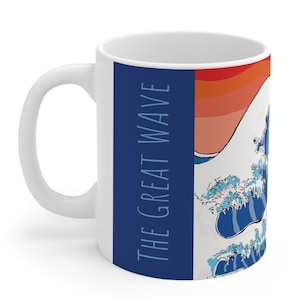 Artful Asian art colorful 11 oz white mug of The Great Wave off Kanagawa by Hokusai Katsushika with Mt Fuji, happy colors, glossy finish.