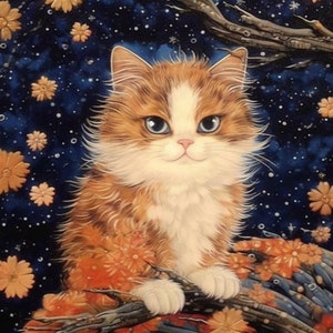 Kleine Baby Katze Tier Sternennacht Japanische Volksmalerei