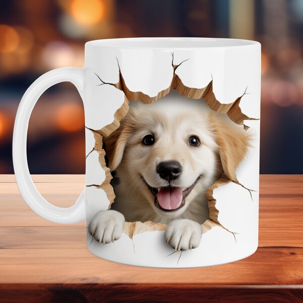 3D Golden Retriever Hole In A Wall Mug Wrap, 11oz & 15oz, Mug Sublimation Design, Mug Wrap Template PNG, Instant Digital Download