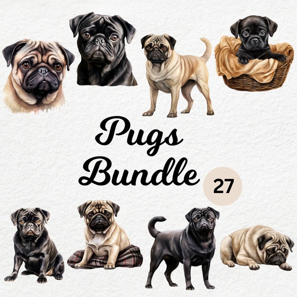 Pug Bundle Clipart, Dog Portrait, Watercolor Dog, Puppy PNG, Dog PNG, Pug Puppy Clipart, Cute Dog Clipart, Commercial Use, Instant Download