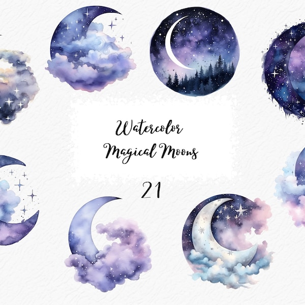 Magical Moons Watercolor Clipart Bundle, 21 PNG Images of Fantasy Mystical Moon Art, PNG, Instant Digital Download, Commercial Use