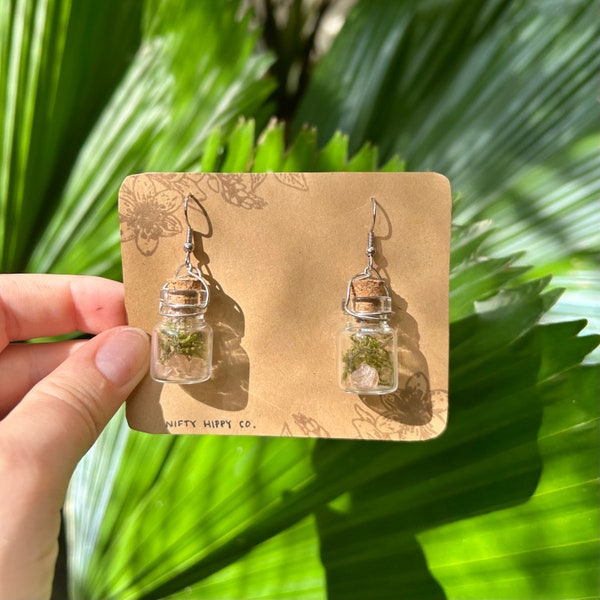 Mini Terrarium Plant Bottle Dangle Earrings // Real Plant Jewelry // Festival Ren Faire Accessories - Forest Moss