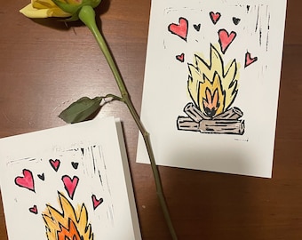 Passion’s Love (Campfire with hearts) | Hand-carved and Hand-printed Greeting Card