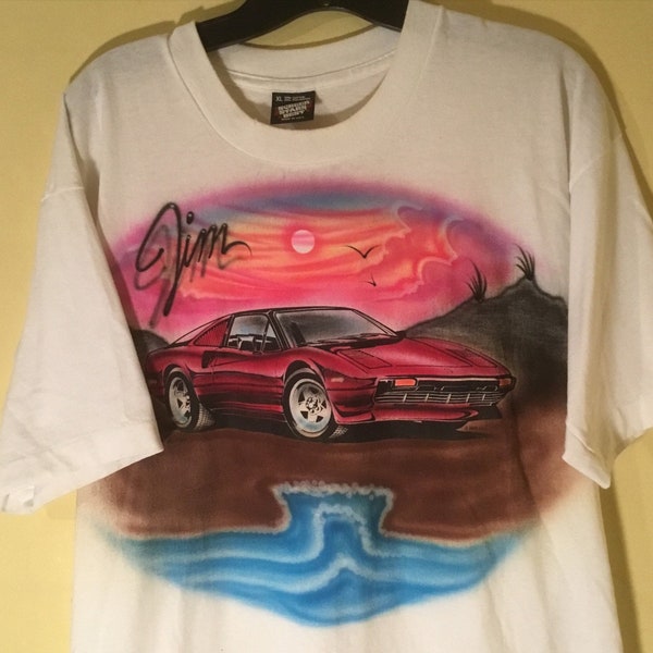 1980s Airbrushed T Shirt Of A Ferrari & Name Jim,” Great Shape, Super a cool Tee, Size Mens XL, Perfect For Summer, Nice a bright White!