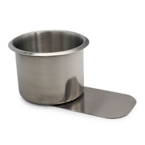 May include: A silver metal cup holder with a flat base. The cup holder is designed to hold a beverage can or bottle.