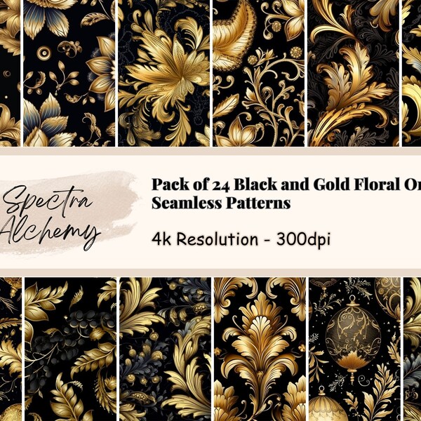 Black and Gold Floral Ornament Seamless Patterns, ornate seamless patterns with floral damask ornaments INSTANT DOWNLOAD 4k Resolution