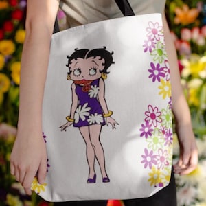 Betty Boop with Flowers Graphic Grocery Tote Shoulder Bag (Large)