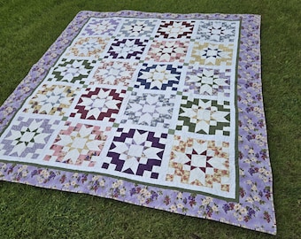 Handmade Floral Queen Quilt, Purple Border, June Fabric Collection, Heirloom Bedding