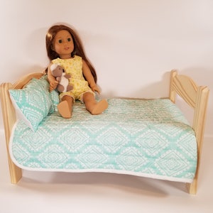 Teal and white Doll Quilt, Doll Blanket and Pillows, 18 Inch Doll Bedding, Doll Accessories, American Girl Bedding/Pet Blanket/Bunny Bedding