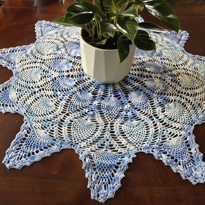 May include: A handmade, star-shaped doily in white and shades of blue, with a detailed openwork crochet design. A white hexagonal pot with a green plant sits on top of the doily, which is placed on a dark wooden surface.