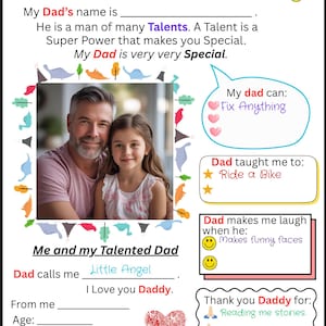 Vatertag Sofort Download für und über Papa Fragebogen und Fragebogen. Fülle die Lücken mit Worten & einem Bild. Perfektes Geschenk für Papa.