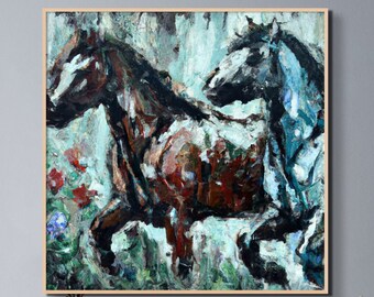 Handpainted Herd of Horse Art Equestrian Painting Herd of Wild Horses Painting Mare Colt 2 Horse Oil Painting Stallions Abstract Animal Art