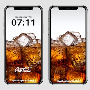 May include: A close-up of a glass of Coca-Cola with ice cubes. The drink is brown and bubbly, and the ice cubes are clear and melting. The text "Coca-Cola" is visible on the glass. The image is a phone wallpaper with the text "@WallpaperArtGallery" at the bottom.