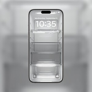 May include: A smartphone with a screen displaying a refrigerator interior. The screen shows the date, time, and the words "Happy Every Day". The phone's design includes a camera and a speaker.