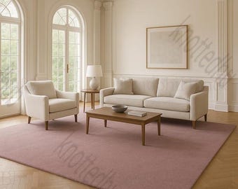 10x10 Hand Tufted Dusty Rose Wool Rug, Modern Solid Area Rug, Minimalist Blush Pink Carpet, Custom Living Room Bedroom Rug, Handmade