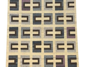 Geometric Kilim Rug, Beige Black Flatweave Area Rug, Modern Tribal Carpet, Abstract Rectangular Pattern, Minimalist Woven Floor Decor rug