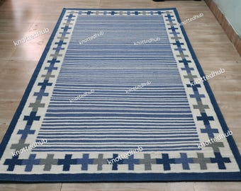 Alfombra Kilim de lana azul / Alfombra de área tejida a mano de 8x10
