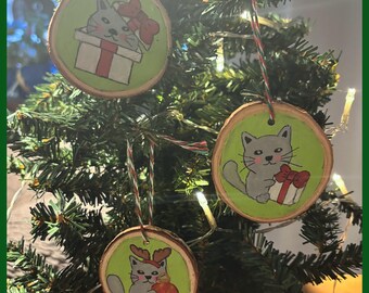 Chubby Cat Hand Painted Christmas Ornaments Set of 3