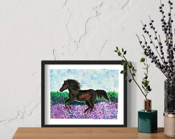 Original Watercolor Running horse in flower field