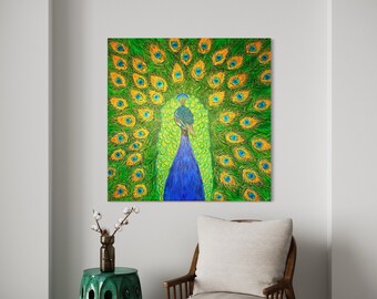Golden Peacock Acrylic Painting with Metallic Accents