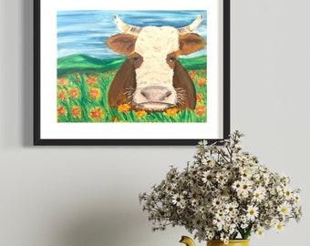 Original Oil Pastel Drawing- Cow in Fields 14x11
