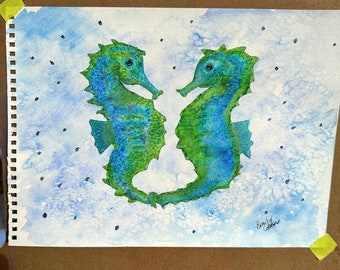 Original Watercolor Seahorse Lovers- Metallic accents