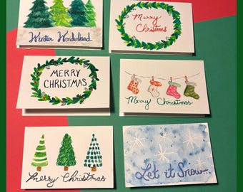 Hand Painted Watercolor Christmas Cards  Holiday Card 6 Set