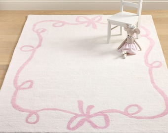 PB Bow Border Kids Handmade Tufted New Zealand Woolen Area Rug 4x6 5x8 8x10 9x12