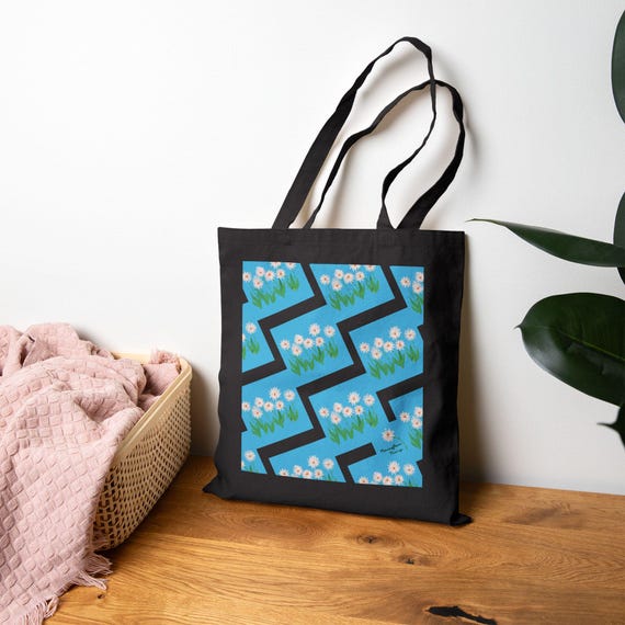 Zigzag Dandelionish Garden Floral 100% Cotton Canvas Tote - Hand-Drawn Botanical Market and Library Tote