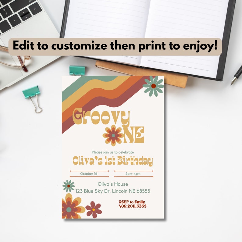 Editable Groovy One 1st Birthday Party Invitation Boho Retro Groovy ...