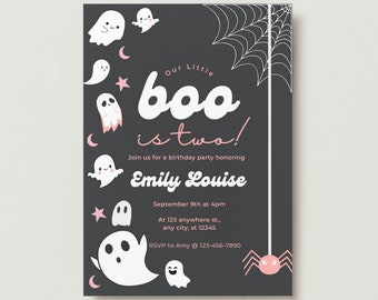 Editable Little Boo 2nd Birthday Party Invitation Cute Pink Halloween Ghost 2nd Birthday Party Spooktacular 2nd Birthday Instant Download