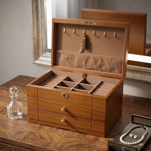 May include: A wooden jewelry box with three drawers and a hinged top, open to reveal compartments and a brown interior. The box has gold-colored hardware and a keyhole. A glass perfume bottle and a tray with jewelry are nearby.