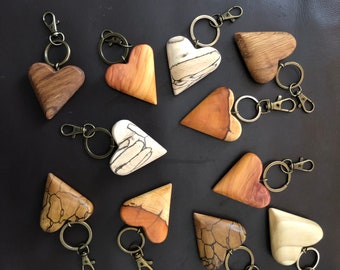 Wooden Love Heart Keyring, Keychain , Hand Crafted and made from selected woods, Light Spalted Beech, Beech,  Live edge Yew