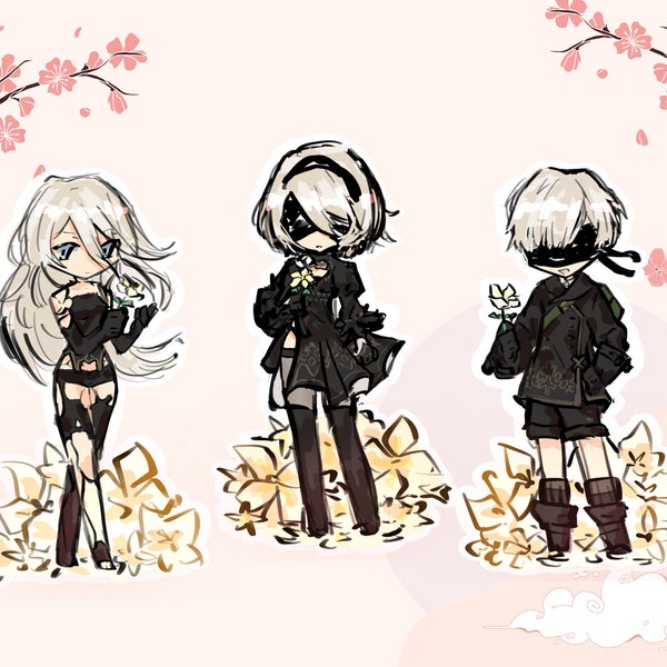 NieR:Automata | 2B/9S/A2 Chibi Weatherproof Sticker Set | Cute Decals | Laptop Sticker Set | Video Game Sticker | Gaming Gifts | Cute Chibi