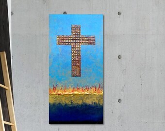 Croce di Cristo. Quadro astratto dipinto a mano, quadro decorativo in acrilico blu con texture. Pronto per essere appeso