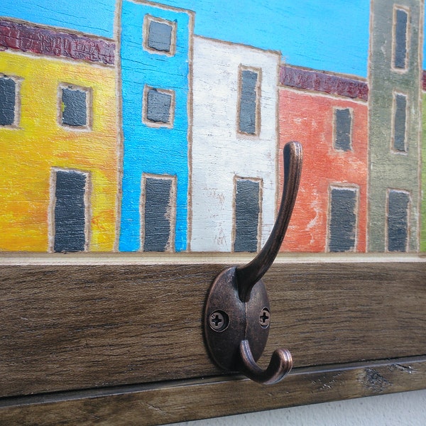 Handmade carved wood and acrylic paint wall coat rack, rustic boho style. Entry keychain. A special and original gift