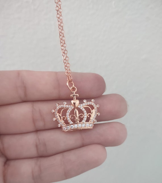Crown Necklace Rhinestone Crown Charm Pendant Necklace Rose Gold Gold Silver Etsy