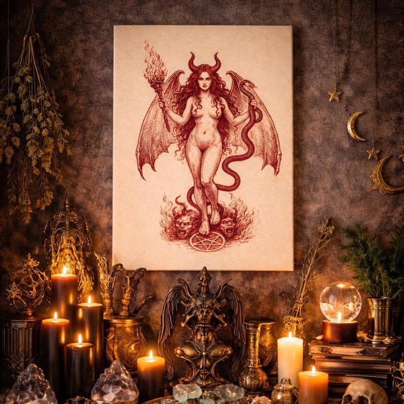 Peinture de la déesse Lilith sur toile | Art gothique occulte | Décoration ésotérique | Illustration féminine sombre image 3