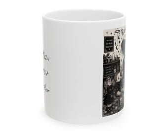 Witchy Cottage Illustration Mug | Black and White Magic Kitchen Scene