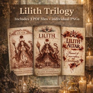 Puede incluir: La imagen muestra la "Trilogía Lilith", que incluye tres archivos PDF y PNG individuales. El diseño presenta tres portadas de libros con ilustraciones de Lilith, una figura con una corona y sosteniendo una antorcha. El texto incluye "Manual de Consagración y Soberanía."