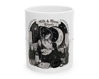 Milk & Moon Rituals Mug | Witchy Breastfeeding Illustration, Celestial Black and White Ceramic Mug